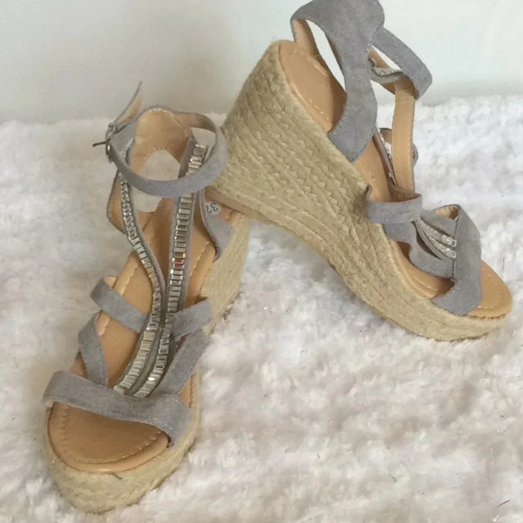 Gray Suede & Rhinestone Embellished Espadrilles - Picture 1 of 8